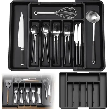 Úložný box Organizér do zásuvky, výsuvný organizér, nastavitelný na příbory, černý Wellhaus