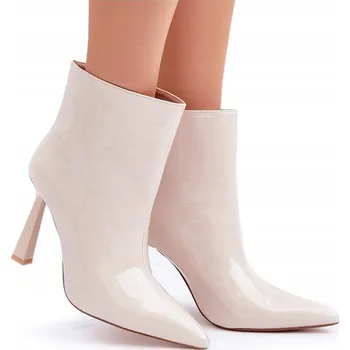 Dámská obuv KOTNÍKOVÉ BOTY LAKOVANÉ VSUVNÉ ZATEPLENÉ NA JEHLOVÉM PODPATKU SVĚTLE BÉŽOVÉ 40