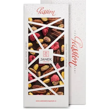 Čokoláda JANEK Hořká čokoláda Passion 72% (maliny, pistácie, pekany)