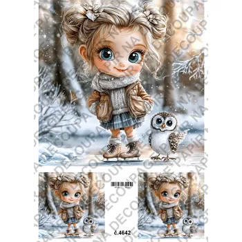 Umělecký papír Rýžový a soft papír na decoupage - Holčička se sovou - KB4642 Materiál: Soft, Rozměr: A4