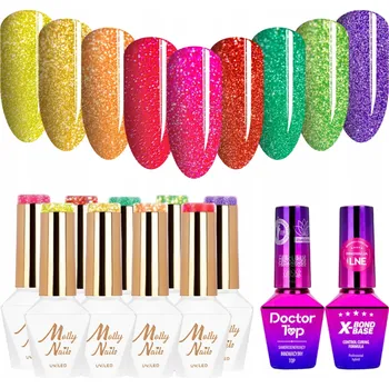 Lak na nehty 9x Hybridní lak MOLLYNAILS 8g Flashing Lights Neon + Báze + Top SADA
