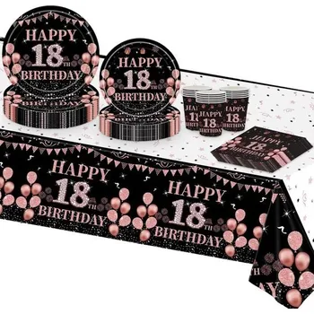 Party dekorace Dekorace k 18. narozeninám pro dívky, Černé a růžovo-zlaté dekorace na stůl pro ženy k 18.