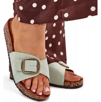 Dámské pantofle NAZOUVÁKY DÁMSKÉ EKO SEMIŠOVÉ KORKOVÁ PLATFORMA SPONA MÁTOVÁ 36