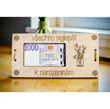 Dárková krabička Dekorace z Řečice Dřevěná dárková karta na peníze k narozeninám květiny 1