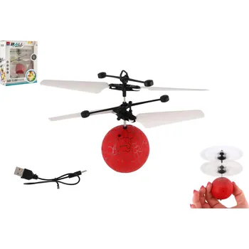 Hračka Teddies Vrtulníková koule létající plast 13x11cm svítící reagující na pohyb ruky,USB kabelem červená v krab.