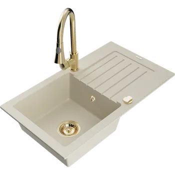 Mexen Pablo, 1-komorový granitový dřez 752x436x161 mm a dřezová baterie Elia, béžová, 6510-69-670101-50