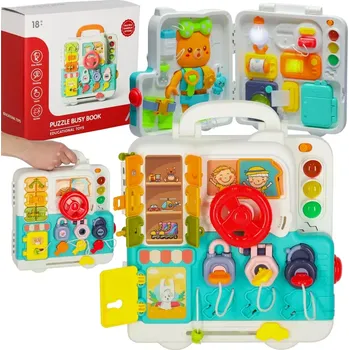 Dřevěná hračka KIK Senzorická manipulačná tabuľa montessori montessori kľučky medvedík XXL svetlo zvuk