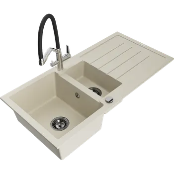 Granitový dřez Mexen Andres, granitový dřez 1000x500x200 mm, 1,5-komorový a dřezová baterie Duo, béžová, 6515-69-671701-07-B