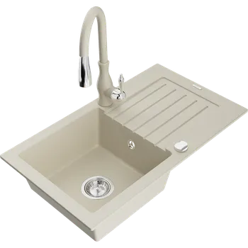Mexen Pablo, 1-komorový granitový dřez 752x436x161 mm a dřezová baterie Savita, béžová, 6510-69-672601-69