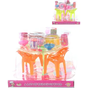 _Ostatní 1_ Stoleček jídelní plastový set s nádobím a potravinami do domečku 2 druhy 60584