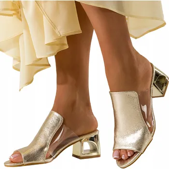 Dámské pantofle NAZOUVÁKY Dámské Zlaté Pantofle na Ozdobném Transparentním Podpatku Elegantní vel. 38