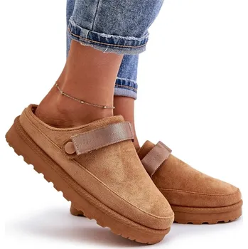 Dámské pantofle Dámské PAPUČE na platformě, zateplené umělou kožešinou, eko semiš, velbloudí barva, velikost 37