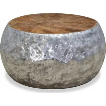 Konferenční stolek Kulatý konferenční stolek stříbrný s deskou z teakového dřeva 60 x 60 x 30 cm