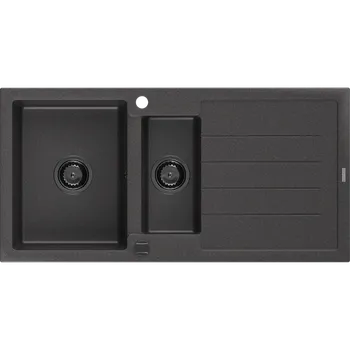 Granitový dřez Mexen Andres, granitový dřez 1000x500x200 mm, 1,5-komorový, černá skvrnitá s černým sifonem, 6515101510-76-B
