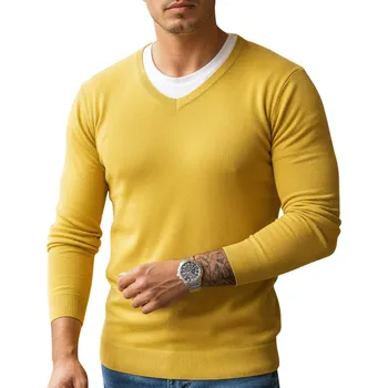 Pánský svetr Pánský svetr hladký s výstřihem do V žlutý WX1918 - L