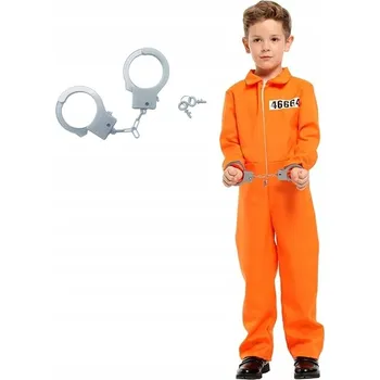 Karnevalový kostým Dětský kostým vězně, oranžová kombinéza s pouty, velikost 120-130 cm
