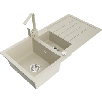 Granitový dřez Mexen Andres, granitový dřez 1000x500x200 mm, 1,5-komorový, béžová s chromovým sifonem a béžová dřezová baterie Rita, 6515-69-670300-69