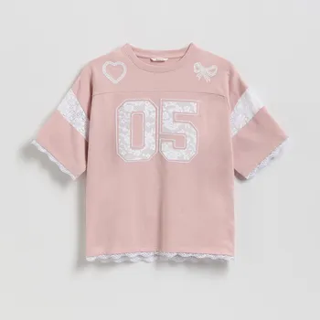 Dětská móda Reserved - Tričko s krajkovým zdobením - růžová - 011HU-30X - 011HU-30X-164