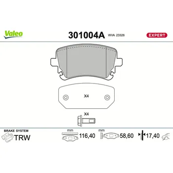 Brzdová destička Sada brzdových destiček, vždy 4 kusy v sadě VALEO 301004A