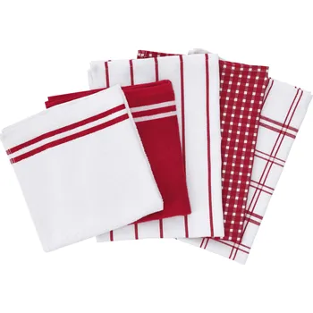 W5 Sada kuchyňských utěrek a ručníků, 5dílná (červená/bílá)