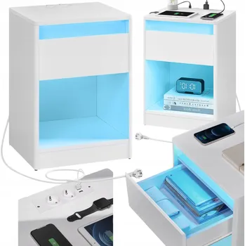 Noční stolek Bílá noční stolek s LED osvětlením, vestavěnými 2 zásuvkami a 2 USB porty