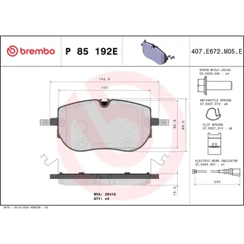 Brzdová destička Sada brzdových destiček, vždy 4 kusy v sadě BREMBO P 85 192E