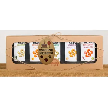 Dárkový potravinový koš Dárková sada Kešu EXCLUSIVE mix 5 druhů slaných TOP CHUŤ Všechno nejlepší (Dárková sada Kešu EXCLUSIVE mix 5 druhů slaných TOP CHUŤ Všechno nejlepší)