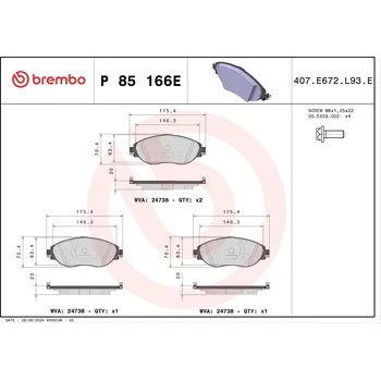Brzdová destička Sada brzdových destiček, vždy 4 kusy v sadě BREMBO P 85 166E