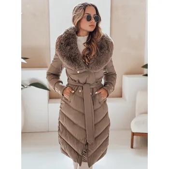 Tmavě béžová dámská prošívaná zimní bunda s kožíškem TY5079 Velikost: L
