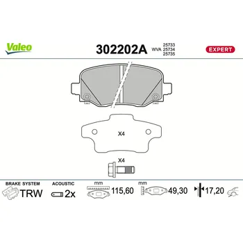 Brzdová destička Sada brzdových destiček, vždy 4 kusy v sadě VALEO 302202A