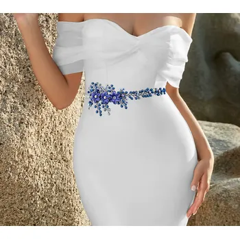 Dámské šaty B-TOP Ozdobný pás na šaty s modrými květy, krystaly a perlami