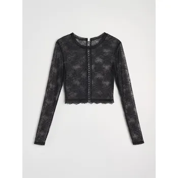 Sinsay - Krajkový elastický crop top s dlouhým rukávem - černá - 525GV-99X - 525GV-99X-L