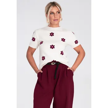 Dámský svetr Figl Svetr rovného střihu s krátkými rukávy M1235 Barva: Smetanová, Velikost: S