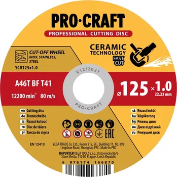 Řezný kotouč PROCRAFT keramický řezný kotouč na kov 125 × 1,0 mm
