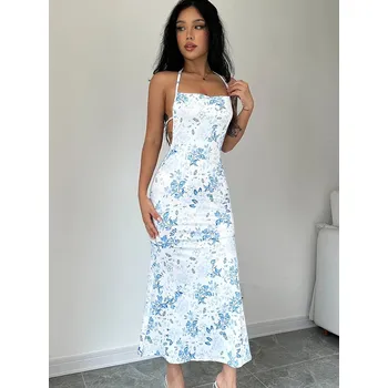 Dámské šaty FIT FASHION Dlouhé květované šaty se šněrováním Velikost: XS, Barva (Varianta): Světle modrá