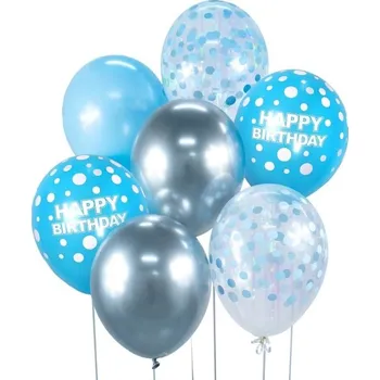 Godan Balónky latexové Happy Birthday stříbrné/modré s puntíky 30 cm 7 ks