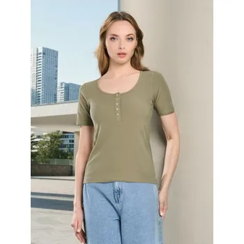 Oblečení a móda Sinsay - Žebrované tričko s knoflíky - khaki - 501EU-87X - 501EU-87X-S