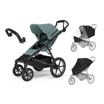 Kočárek Akční set Thule Urban Glide 4-wheel s magnetickou přezkou Mid blue + pláštěnka + moskytiéra + madlo s originálním příslušenstvím THULE