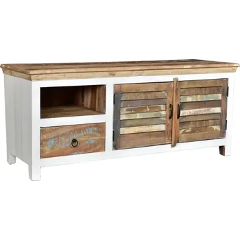 Televizní stolek Masivní TV stolek Perth z recyklovaného dřeva, lakovaný, bílý / barevný – 150×50×60 cm