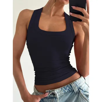 Best Fashion Dámský žebrovaný top s hranatým výstřihem bez rukávů Velikost: M, Barva (Varianta): Tmavě modrá