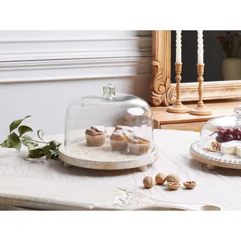 Stojan na dort s víkem světle hnědé mangové dřevo skleněný 29 x 29 x 23 cm dekorativní servírovací podnos dortový kopulovitý držák na pečivo Beliani