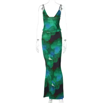 Best Fashion Dámská květinová souprava top a midi sukně Velikost: M, Barva (Varianta): Zelená