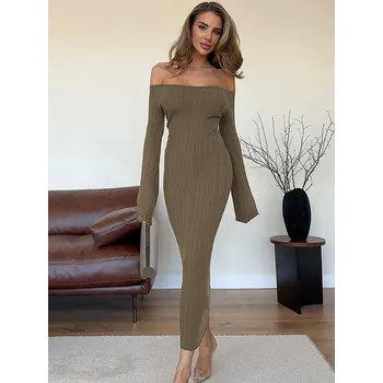 Dámské šaty FIT FASHION Dlouhé přiléhavé šaty s odhalenými rameny a rukávy Velikost: S, Barva (Varianta): Khaki