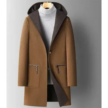 Pánský kabát Best Fashion Pánský oboustranný vlněný kabát s kapucí Velikost: 4XL, Barva (Varianta): Camel (reversible)