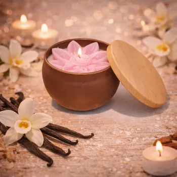 Svíčka Vanilková sojová svíčka s květem v plechovce Barva: Fialová