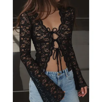 Dámský svetr Best Fashion Krajkový dámský cardigan se šněrováním a rukávy Velikost: L, Barva (Varianta): Černá