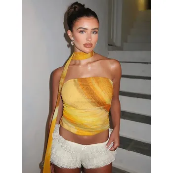 Best Fashion Dámský crop top se šálou a řasením Velikost: S, Barva (Varianta): Žlutá