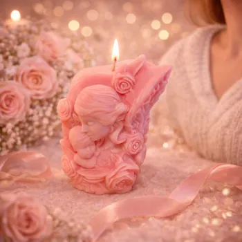 Svíčka Evička Candles Anděl s dítětem s motivy růží svíčka 190 g – ručně vyráběná Barva: Růžová