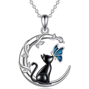 Náhrdelník B-TOP Postříbřený náhrdelník s půlměsícem a černou kočkou