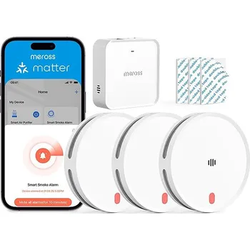Zabezpečovací technika Meross Smart Smoke Alarm - sada 3x MA151 + 1x MSH450 Matter hub